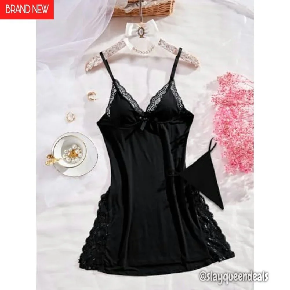 Floral Lace Trim Babydoll Nightgown with Thong 2 Piece Set